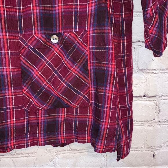 J. Jill Plaid Top Petite Medium Red Blue PurpleTunic 3/4 Sleeve Pocket - Picture 3 of 5